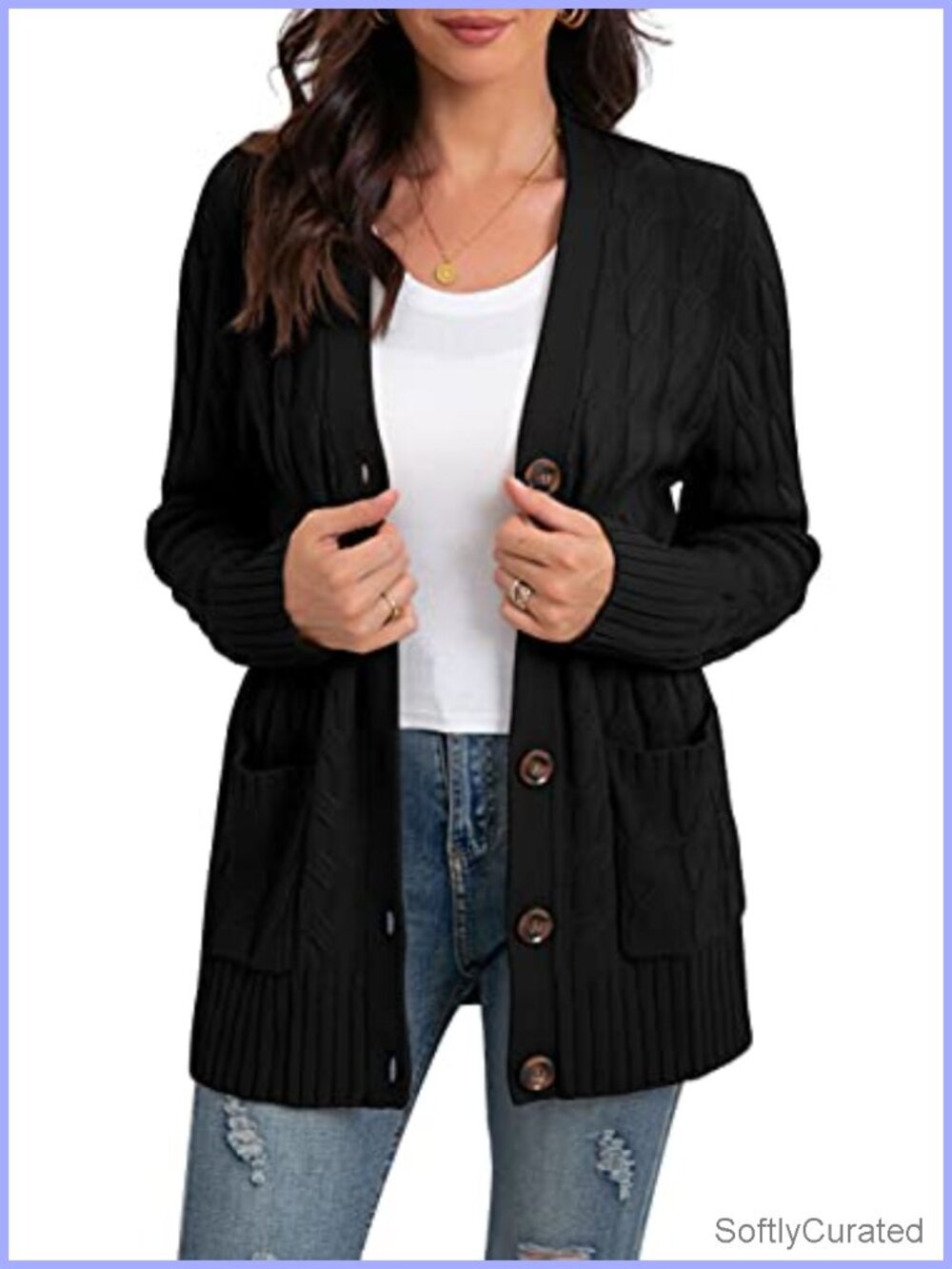 Womens Long Sleeve Cable Knit Cardigan Sweater with Pockets